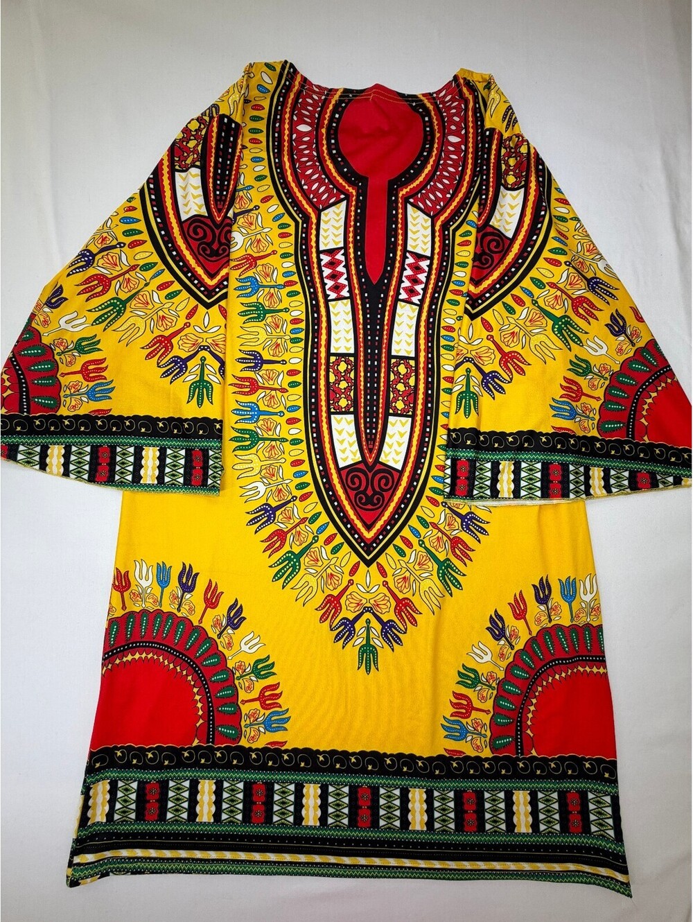 NF Women's Dashiki Tunic Dress Tribal Print Flared Sleeve Free Size Yellow